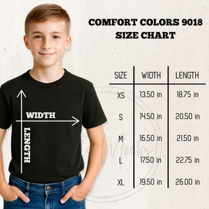 May include: A young person wearing a black t-shirt, with a size chart for Comfort Colors 9018 shirts. The chart shows measurements in inches for width and length, ranging from XS to XL sizes.