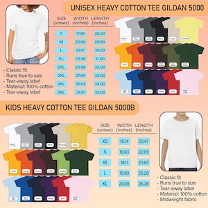 May include: A size chart for Gildan 5000 unisex and 5000B kids heavy cotton t-shirts. The chart displays color swatches, width and length measurements in inches, and product details including classic fit, tear-away labels, and 100% cotton material.