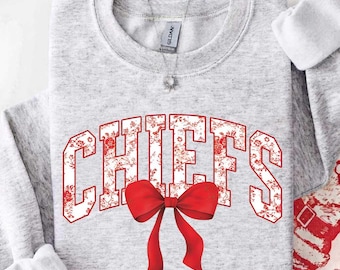 Vintage Chiefs Mascot Floral Toile Coquette Bow Sweatshirt, Chiefs Game Day Crewneck, Girly Football Fan Gift, Retro Chiefs Sweatshirt