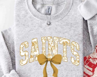 Vintage Saints Mascot Floral Toile Coquette Bow Sweatshirt, Saints Game Day Crewneck, Girly Football Fan Gift, Retro Saints Sweatshirt
