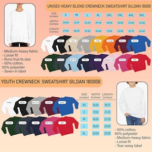 May include: A size chart for Gildan 18000 unisex and 18000B youth crewneck sweatshirts. It displays color swatches, width and length measurements in inches, and fabric composition details for various sizes ranging from XS to 5XL.
