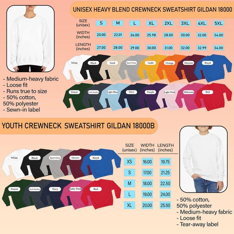 May include: A size chart for Gildan 18000 unisex and 18000B youth crewneck sweatshirts. It displays color swatches, width and length measurements in inches, and fabric composition details for various sizes ranging from XS to 5XL.