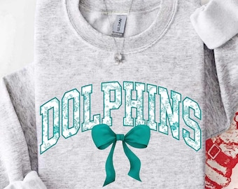 Vintage Dolphins Mascot Floral Toile Coquette Bow Sweatshirt, Dolphins Game Day Crewneck, Girly Football Fan Gift, Retro Dolphins Sweatshirt