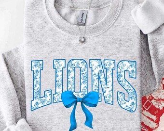 Vintage Lions Mascot Floral Toile Coquette Bow Sweatshirt, Lions Game Day Crewneck, Girly Football Fan Gift, Retro Lions Sweatshirt