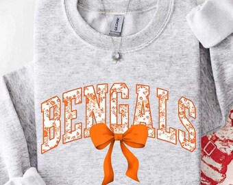 Vintage Bengals Mascot Floral Toile Coquette Bow Sweatshirt, Bengals Game Day Crewneck, Girly Football Fan Gift, Retro Bengals Sweatshirt