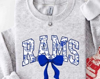 Vintage Rams Mascot Floral Toile Coquette Bow Sweatshirt, Rams Game Day Crewneck, Girly Football Fan Gift, Retro Rams Sweatshirt
