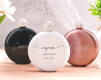 Flasque de demoiselle d'honneur gravée : acier inoxydable personnalisé avec couvercle en strass
