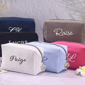 Personalized Waffle Cosmetic Bag: Embroidered Monogram Cotton Travel Pouch