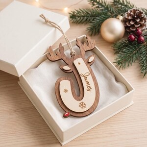 Personalized Reindeer Initial Ornament, Wooden Christmas Name Tag, Custom Stocking Decoration image 16