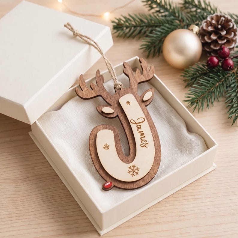 Personalized Reindeer Initial Ornament, Wooden Christmas Name Tag, Custom Stocking Decoration image 16