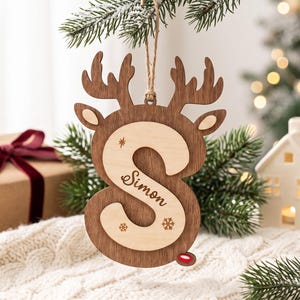 Personalized Reindeer Initial Ornament, Wooden Christmas Name Tag, Custom Stocking Decoration image 14