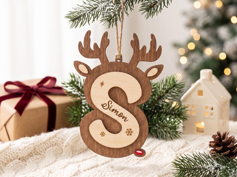 Personalized Reindeer Initial Ornament, Wooden Christmas Name Tag, Custom Stocking Decoration image 14