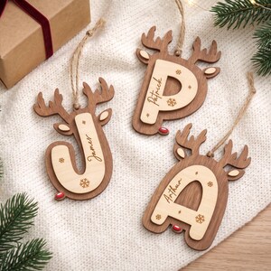 Personalized Reindeer Initial Ornament, Wooden Christmas Name Tag, Custom Stocking Decoration image 15