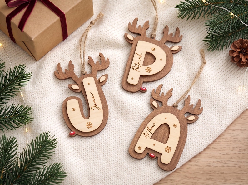 Personalized Reindeer Initial Ornament, Wooden Christmas Name Tag, Custom Stocking Decoration image 15