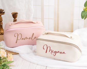Embroidered Leather Makeup Bag with Name,Large Capacity Cosmetic Bag,Travel Cosmetic Bag,Makeup Organizer,Christmas Gifts,Bridemaid Gifts