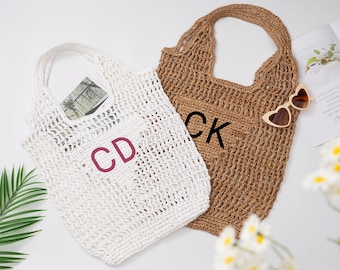 Bolsa de playa de rafia personalizada, regalo de novia con monograma