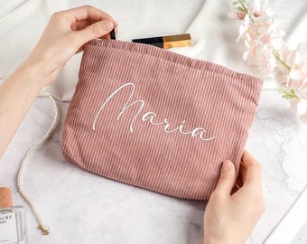 Trousse de maquillage personnalisée en velours côtelé, trousse à cosmétiques monogramme, cadeau de demoiselle d'honneur pour femme