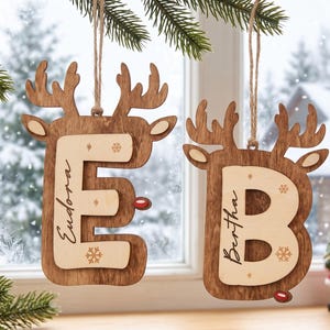Personalized Reindeer Initial Ornament, Wooden Christmas Name Tag, Custom Stocking Decoration image 13