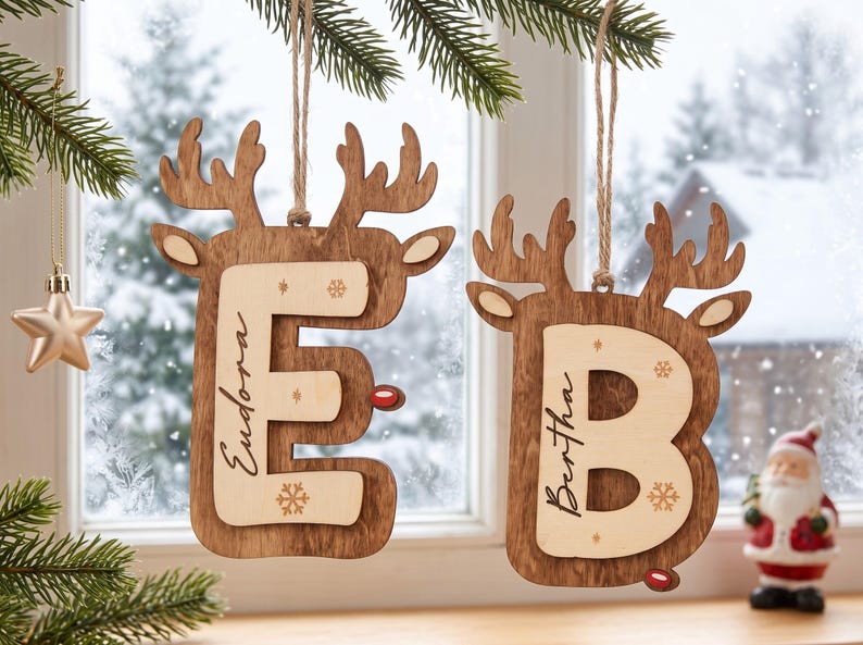Personalized Reindeer Initial Ornament, Wooden Christmas Name Tag, Custom Stocking Decoration image 13