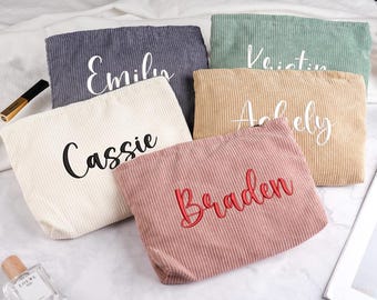 Embroidered Corduroy Makeup Bag, Custom Name Cosmetic Bag, Bridesmaid and Christmas Gift for Her