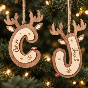 Personalized Reindeer Initial Ornament, Wooden Christmas Name Tag, Custom Stocking Decoration image 11