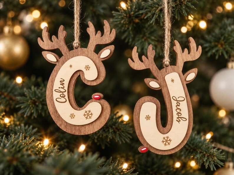 Personalized Reindeer Initial Ornament, Wooden Christmas Name Tag, Custom Stocking Decoration image 11