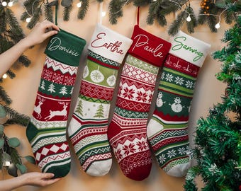 Embroidered Christmas Stocking, Knit Wool Linen Holiday Decor