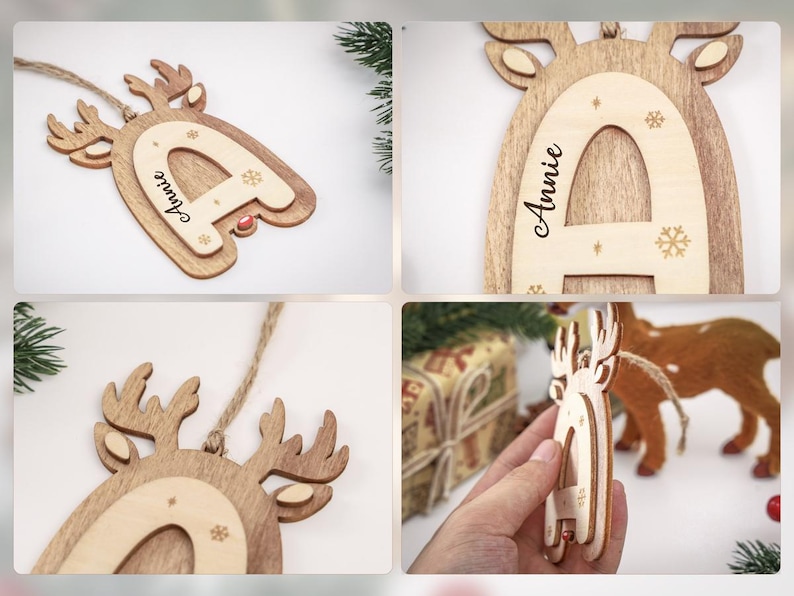 May include: A wooden reindeer-shaped Christmas ornament featuring a layered design with a light-colored letter A in the center. The ornament is engraved with the name Annie and small snowflake patterns, and it includes a jute twine loop for hanging.