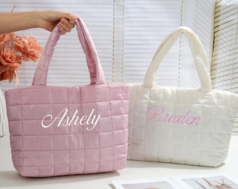 Personalized Quilted Tote Bag,Embroidered Monogram Nylon Bag,Bridesmaid Gift