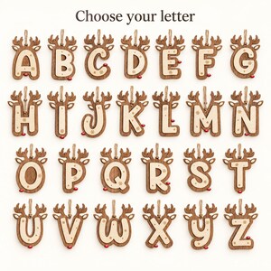 Personalized Reindeer Initial Ornament, Wooden Christmas Name Tag, Custom Stocking Decoration image 10
