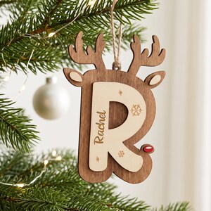 Personalized Reindeer Initial Ornament, Wooden Christmas Name Tag, Custom Stocking Decoration image 12