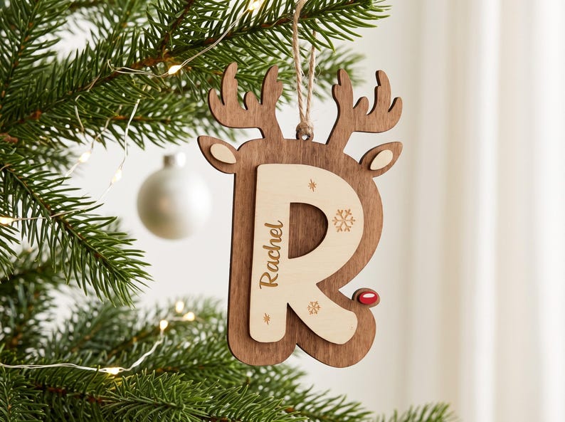 Personalized Reindeer Initial Ornament, Wooden Christmas Name Tag, Custom Stocking Decoration image 12