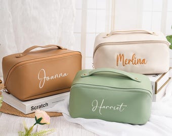 Personalized Leather Makeup Bag,Embroidered Cosmetic Bag,Travel Organizer for Her,Bridesmaid Gift,Mother Day Gift
