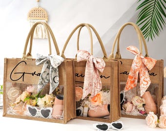 Personalized Transparent Beach Tote Bag,Bridesmaid Tote Bags,Jute bag,Burlap Tote With Name,Bachelorette Party Bags,Bridesmaid Gift,Gift Bag