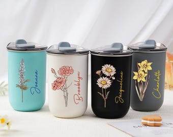 Personalized Birth Flower Tumbler, Stainless Steel Bridesmaid Gift