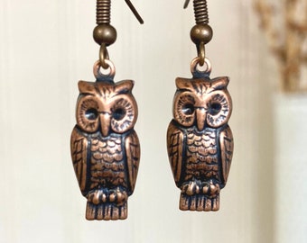 Copper Owl Earrings Boho Earrings Simple Dangle Drop Earrings Cottagecore Earrings Fall Autumn Jewelry, E10
