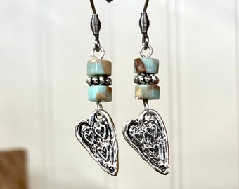 Silver Heart Earrings, Stacked Stones Jasper Earrings, Silver Earrings, Jewelry Gift for Women, Mother's Day Beaded Dangle Earrings, E54
