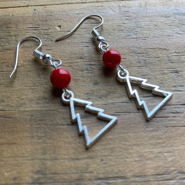 Silver CHRISTMAS EARRINGS, Christmas Tree Charm, Red Glass Bead - Stocking Stuffer, Gift Exchange, Gifts Under 20, E40