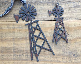 Rustic Metal Windmill Christmas Ornament, Windmill Ornament for Farmhouse Holiday Decor, Farm Tiered Tray Decor - 2 Sizes