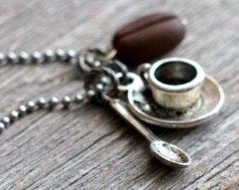 Unique Handmade Charm Necklace With Coffee Cup Spoon and Coffee Bean Charms