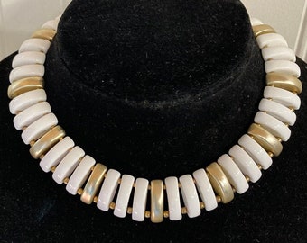 Vintage Gold and White Choker, 16" Vintage Necklace, Statement Necklace with Unique Bead Shape 1980s Jewelry, E33