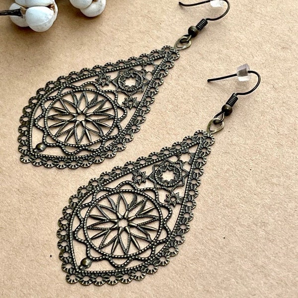 Lightweight Bohemian Statement Earrings, Antiqued Brass Filigree Boho Jewelry, Cute Earrings Gift for Mom, E1