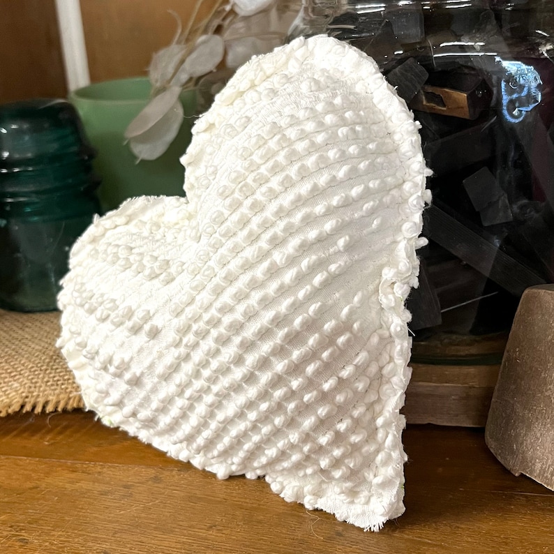 Set of 3 Vintage Chenille Heart Pillow White Fabric Heart Shabby Chic Stuffed Heart LOVE Tiered Tray Decor Romantic CottageCore Cottage Core image 3