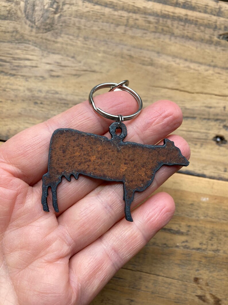 Rustic Metal Cow Keychain Heifer Keyring Cattle Key Chain Etsy