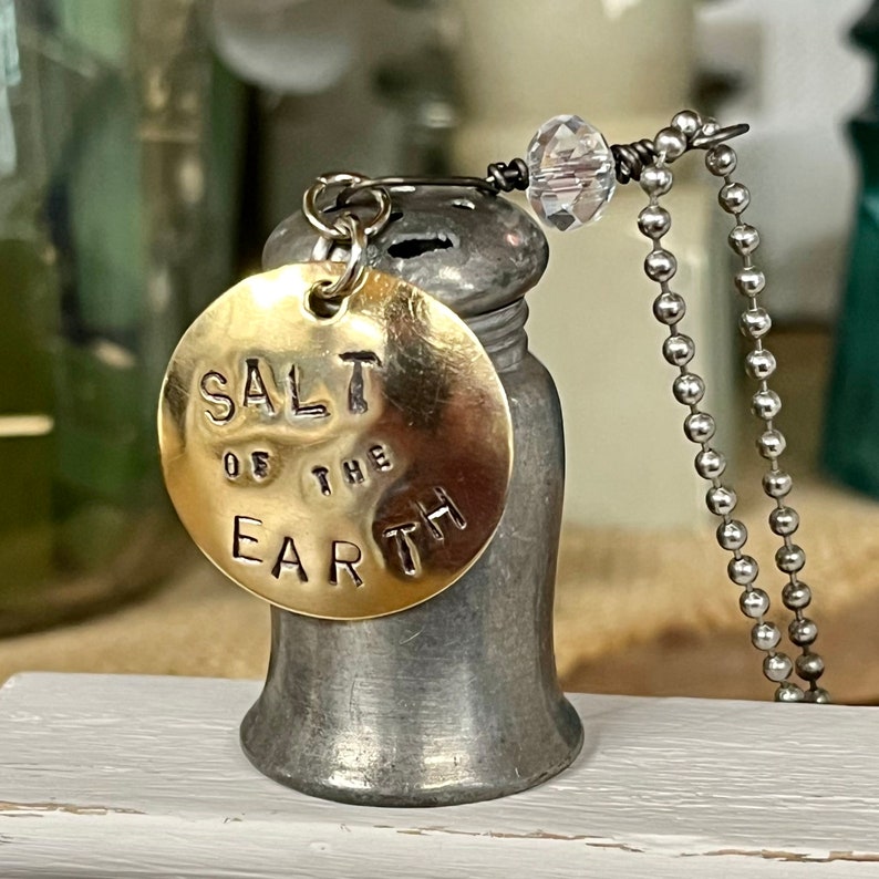 SALT of the EARTH Necklace Vintage Pewter Salt Shaker Hand-stamped Brass Tag Freshwater Pearl on Antiqued Brass Faceted Ball Chain image 4