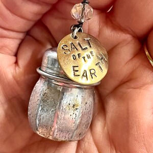 SALT of the EARTH Necklace Vintage Pewter Salt Shaker Hand-stamped Brass Tag Freshwater Pearl on Antiqued Brass Faceted Ball Chain Pewter