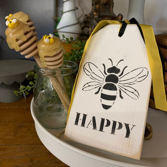 BEE HAPPY SIGN Wood Tag Honeybee Home Decor Honey Bee Tiered Tray Decor for  Fall Summer Yellow Black Kitchen Be Happy Sign Shelf Sitter 