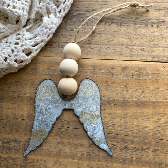 Galvanized Tin Metal Wings with Wooden Farmhouse Beads for Christmas Rustic Angel Wing Ornaments