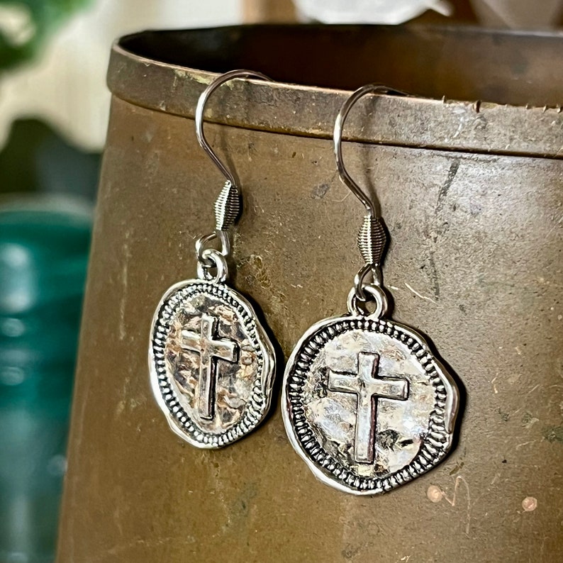 Silver CROSS EARRINGS Easter Earrings Mother's Day Gift for Mom Baptism Gift Confirmation Gift Religious Jewelry Christian Jewelry image 1