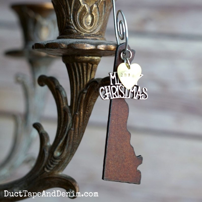 DELAWARE Christmas Ornament SMALL Rustic Hand Stamped Personalized 2019 Gift Idea
